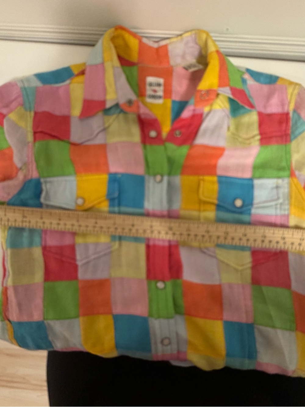 Vintage Gillian Gordon Rainbow Patchwork Linen Snap Shirt XS - Picture 5 of 7